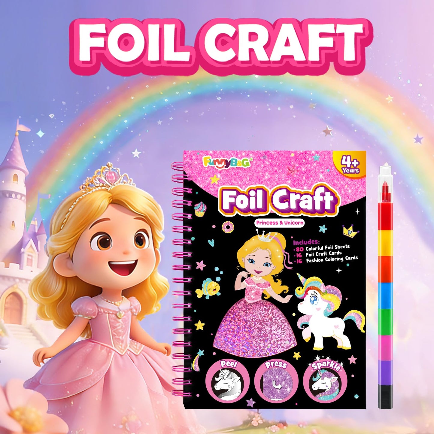 FUNNYB&G Foil Art Crafts for Kids Ages 4-8: Mother's Day 2026, Birthday Gift for Girls, Art and Crafts Supplies, Party Favors, Creative Toys for Girls 4 5 6 7 8 9 Years Old(Princess)