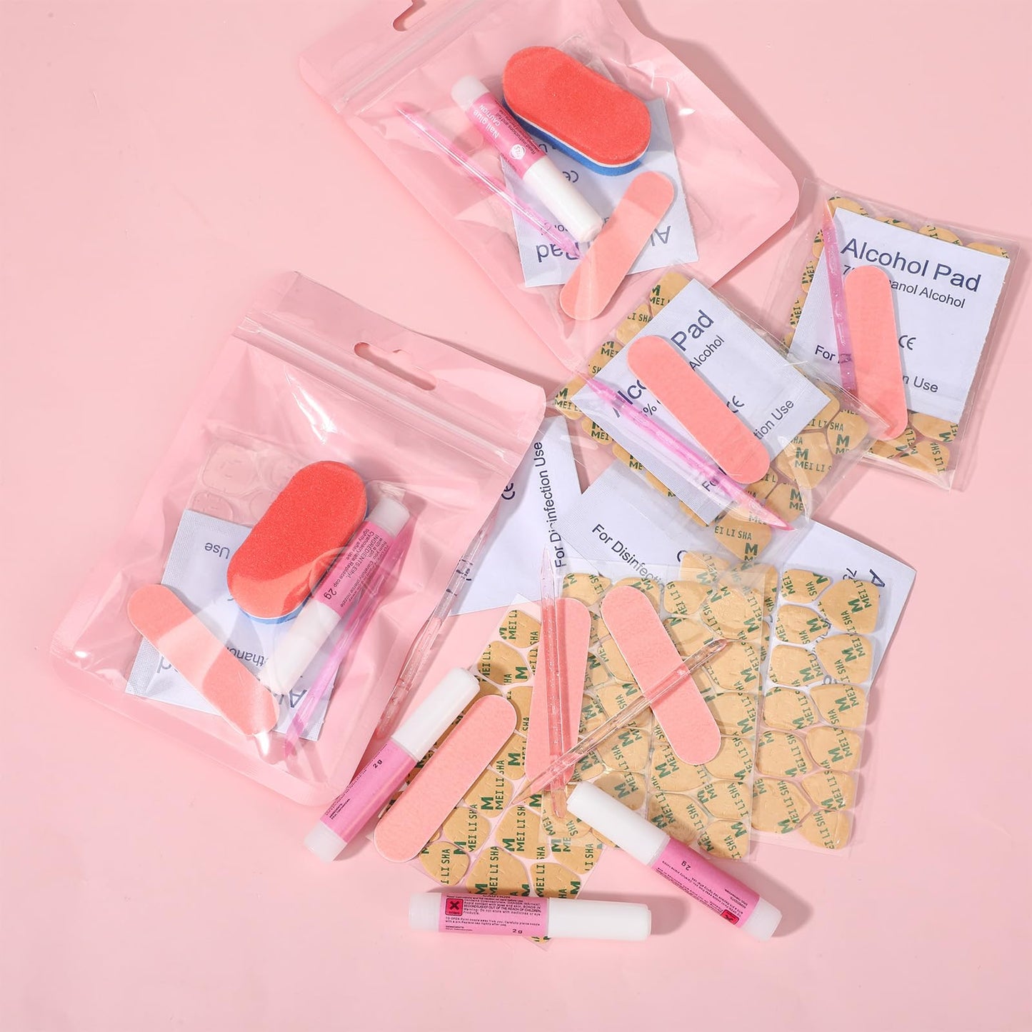 100 Set Press on Nail Kit for Salon Business, Disposable Nail Prep Kit with File Buffer Glue Prep Pad Adhesive Tabs Wood Stick, Press on Nail Kit with Everything in Holographic Bag