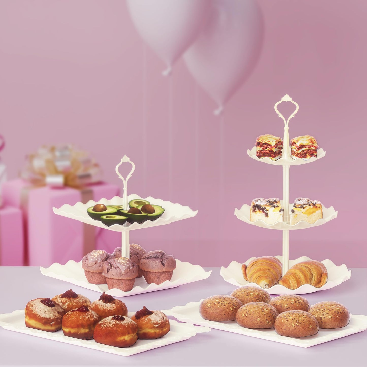 10 Pack Cake Stand Set with 3 x Two-Tier and 3 x Three-Tier Cupcake Stands, Plastic Dessert Table Stand Set 3 Tired Cookie Tray and 4 Pcs Dessert Trays