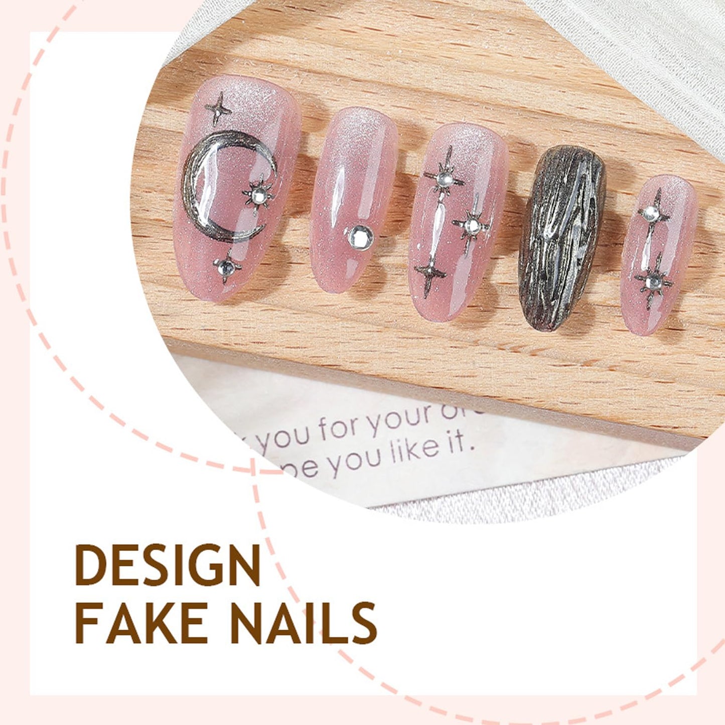 30Pcs Pink Glitter Press on Nails Almond Medium 3D Stars Sparkling Handmade False Nails Kit Glossy Full Cover Cute Stick on Nails Rhinestone Nails for Sweet Girl Star Moon DIY Manicure