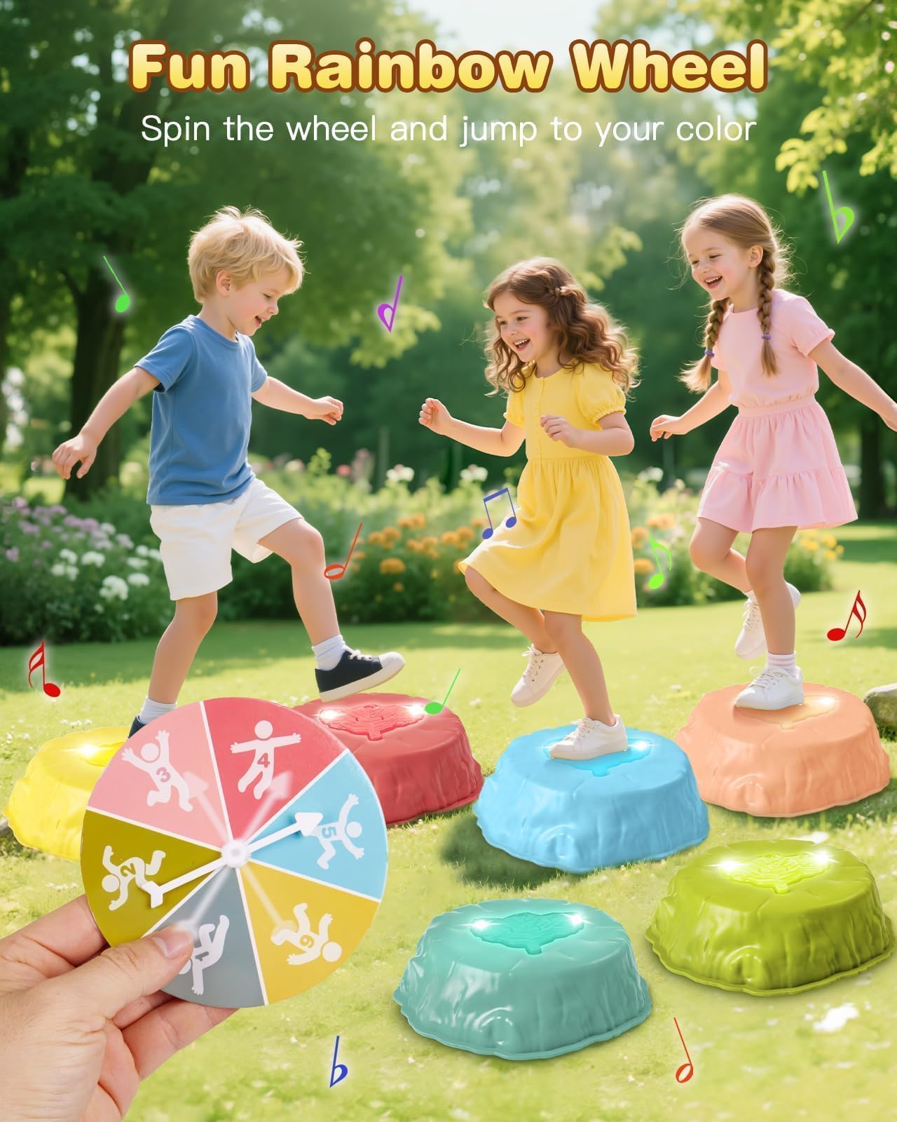 Gleamkid Light Up Stepping Stones for Kids with Music: 6PCS Thicker Double Non-Slip Balance Stepping Stones with Rainbow Spinner, Indoor Outdoor Sensory Toy for Toddlers Ages 3+, Boys & Girls Gifts