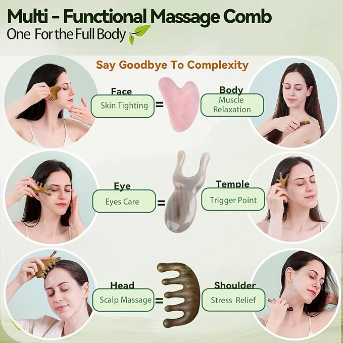 4-in-1 Gua Sha Tool for Face & Body, Natural Green Sandalwood – Lymphatic Drainage, Jaw Lifting & Nose Sculpting, Head Massage Comb for Stress Relief, Home Office Self Care Gifts for Mom Girl Friend