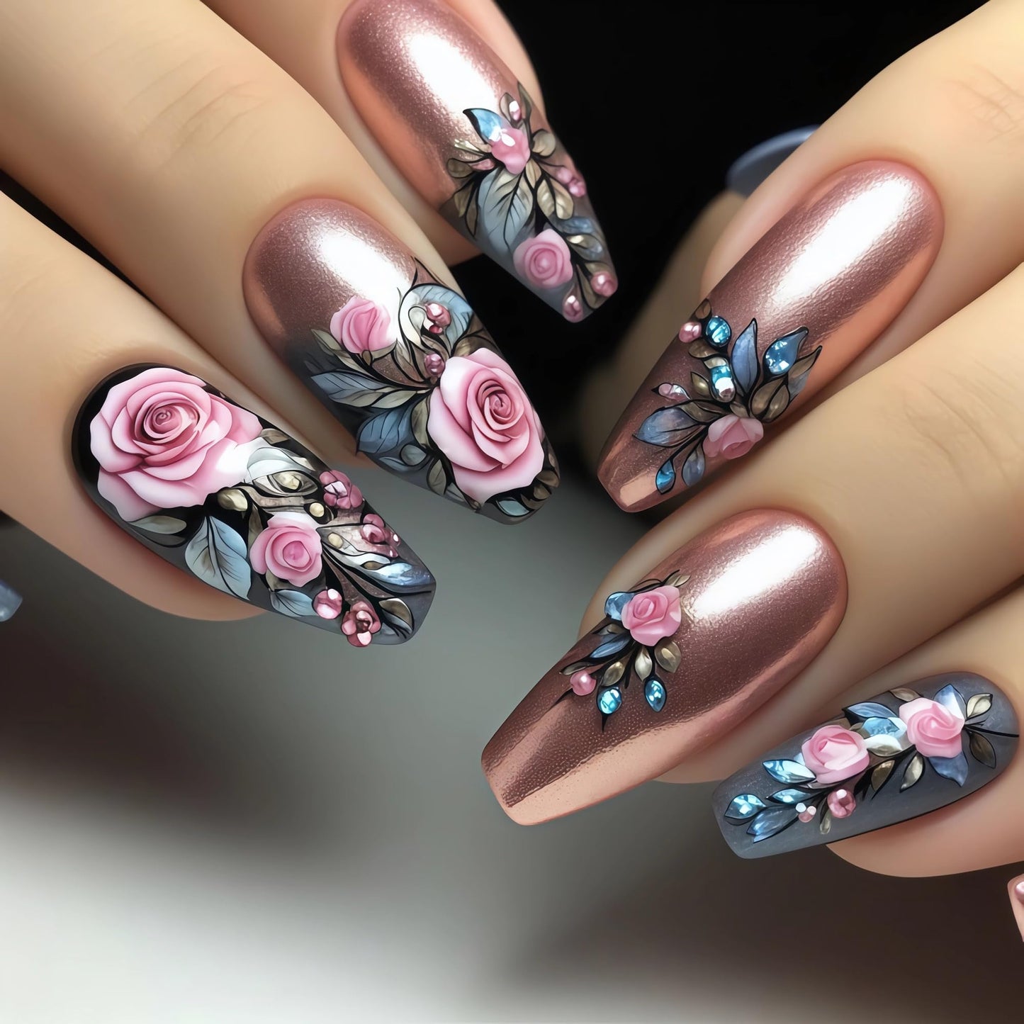 BABALAL Long Coffin Press On Nails, Romantic Rose Fake Nails with Pink Chrome Metallic & Floral Print, Black Acrylic Stick On Nails for Women 24Pcs