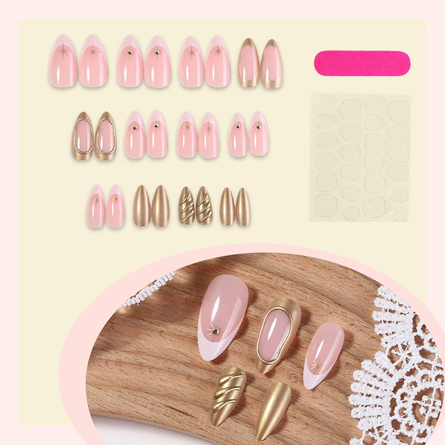 RUOKEXIN Almond Press on Nails Medium Fake Nails Gold False Nails with 3D Rhinestones Designs French Tip Nail Press ons Sparkly Artificial Nails for Women 24Pcs