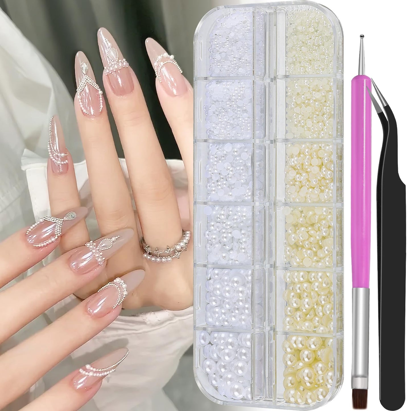 2100Pcs Flatback Nail Pearls Gems, 1.5-5mm White Beige Beads Half Round Nail Charms Beads with Pickup Pencil and Tweezers for Crafting Face Hair Manicure (11-K1-half-pearls-beige-white)