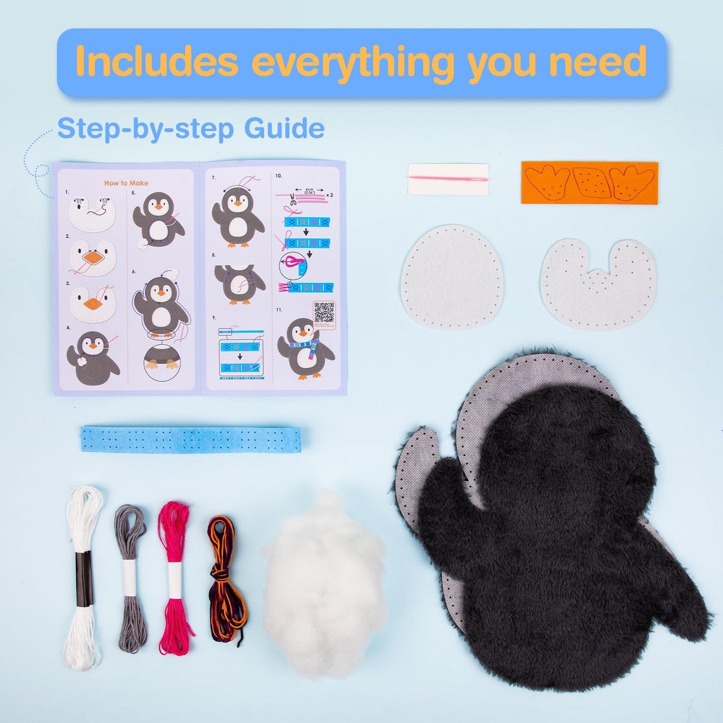 Avenir My First Sewing Kit for Kids Ages 6-8 Beginners | Learn to Sew Stuffed Animal Kit with Premium Plush | Child-Safe Pre-Punched Fabric Tools | Craft Gift for Boys & Girls