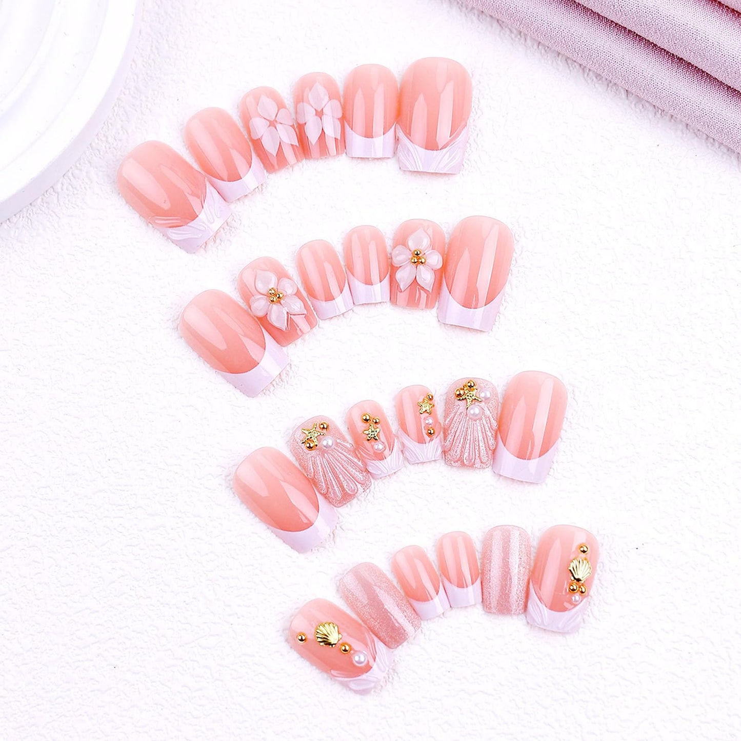 French Tip Press on Nails Medium Square Fake Nails with White Flower Pearl Gold Stars Designs Glossy Nails Press ons Summer Glue on Nails Cute Acrylic Nails Artificial Stick on Nails for Women