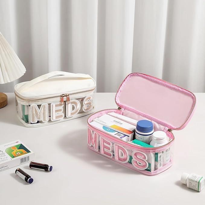 Clear Waterproof MEDS RX Makeup Bag，Transparent PVC Letter Patch medication travel case with Handle and Zipper, Portable Meds First Aid Travel Organizer Cosmetic Bag(01 Pink MEDS)
