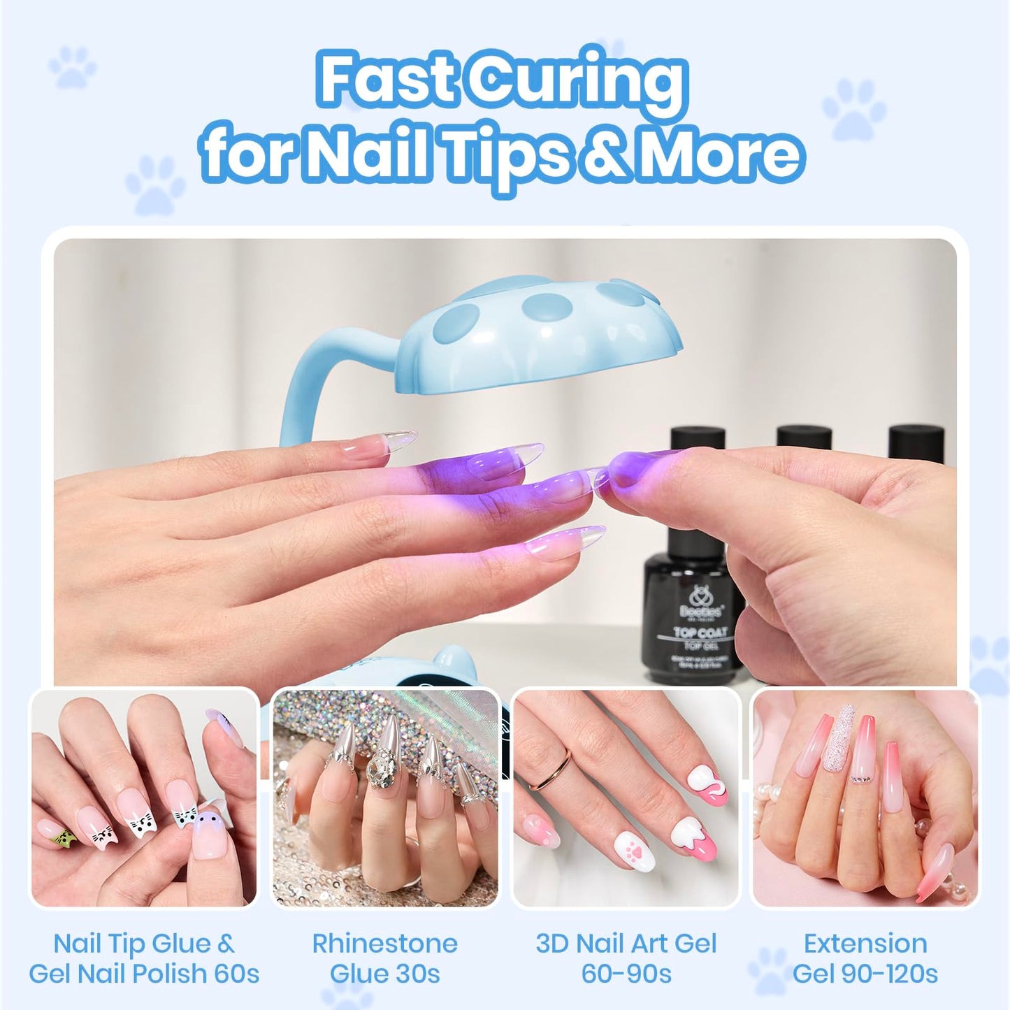 Beetles Gooseneck UV Nail Lamp - Meowgic BluePurr Mini LED Nail Light with 3 Timer and Countdown Display Flash Cure Lamp for Gel Polish Nails Glue Builder Gel Smart Sensor Cordless Nails Dryer