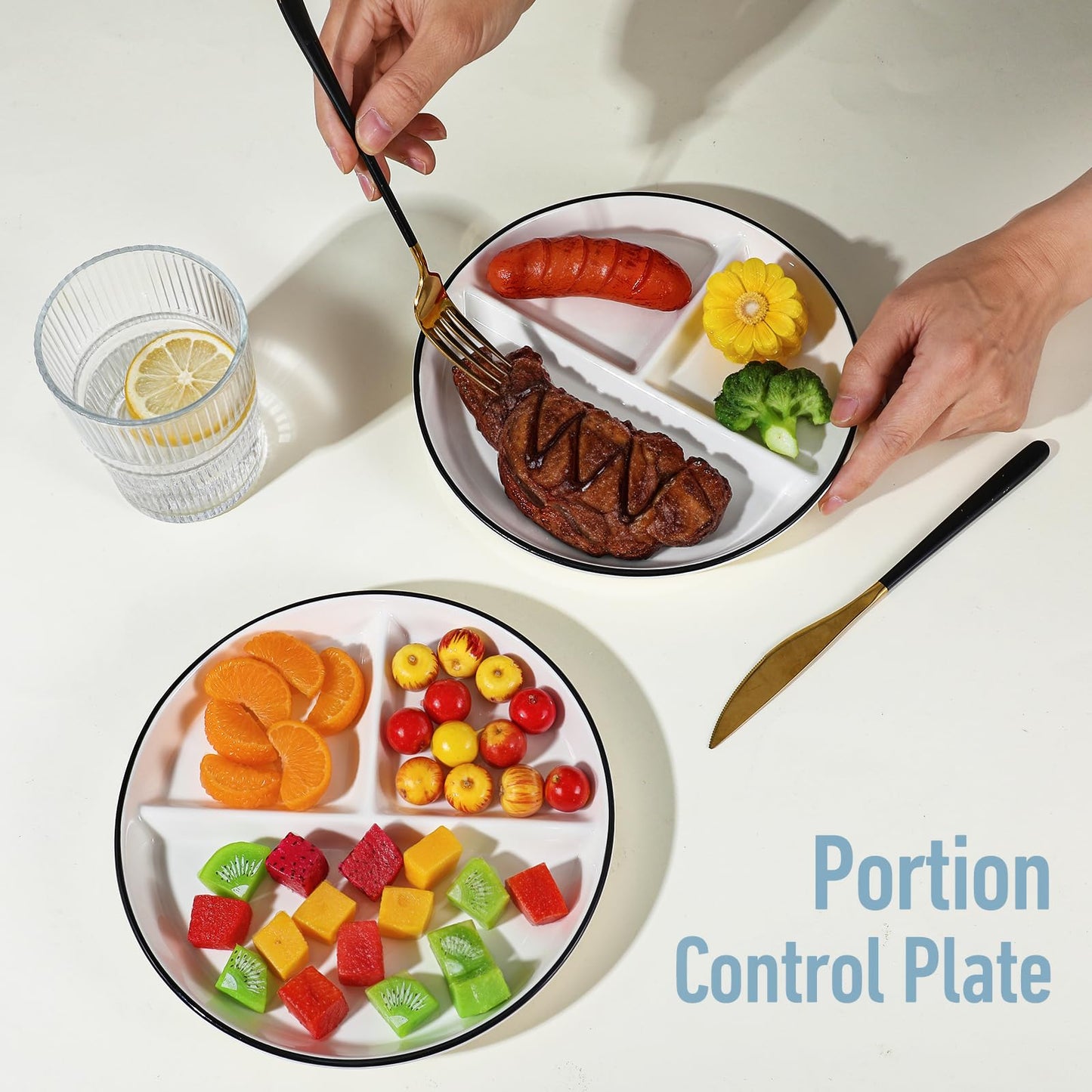 mekueeex Ceramic Divided Plates Set of 2Pcs, 8 Inch Portion Control Plate, Reusable Bariatric Plate for Adults, 3 Compartment Plates, White Dinner Plates for Balanced Meal, Microwave, Dishwasher Safe