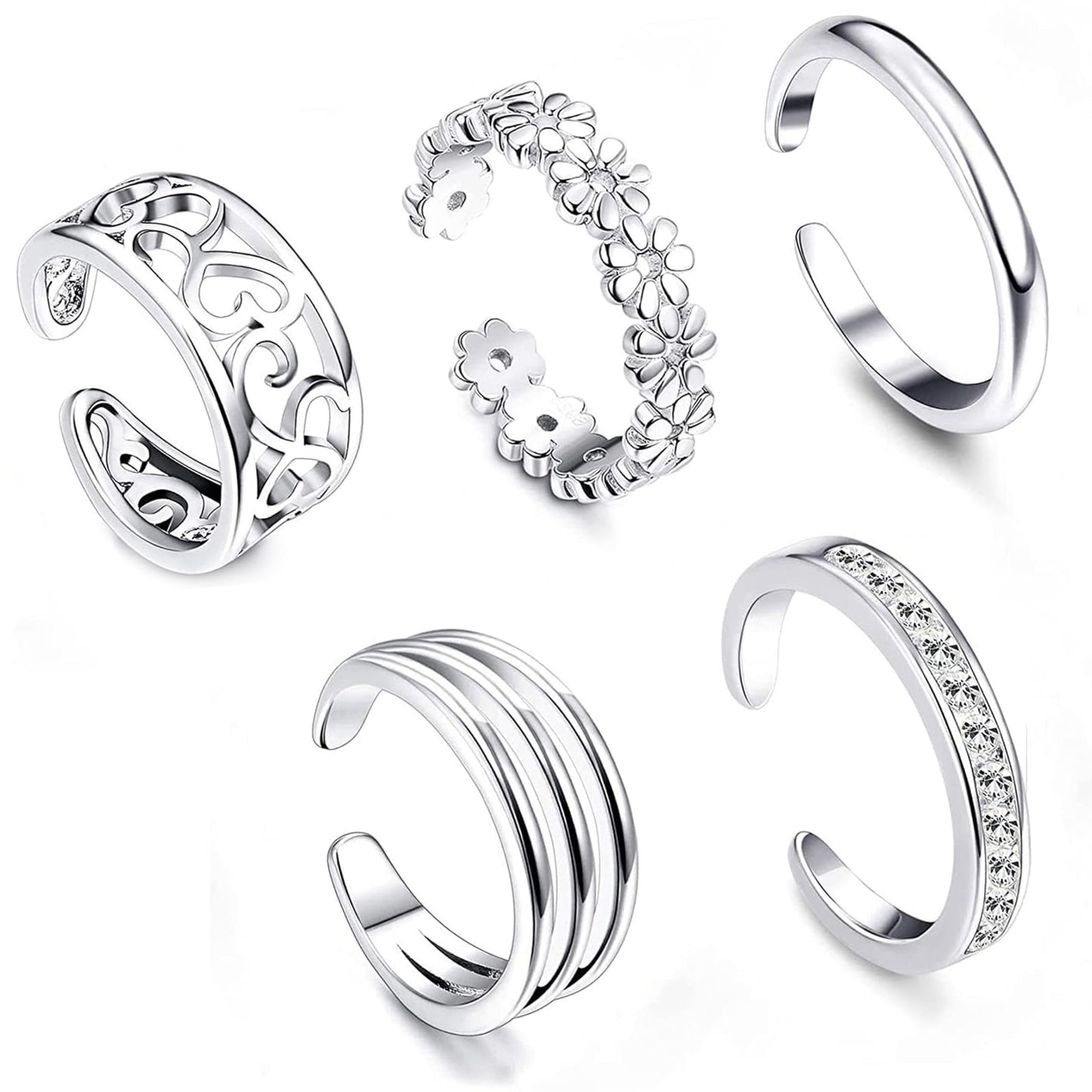 PYALXDN 5 Pcs Silver Plated Toe Rings for Women Adjustable Band Rings Open CZ Toe Ring Set Beach Foot Jewelry，Anti-allergy，Silver