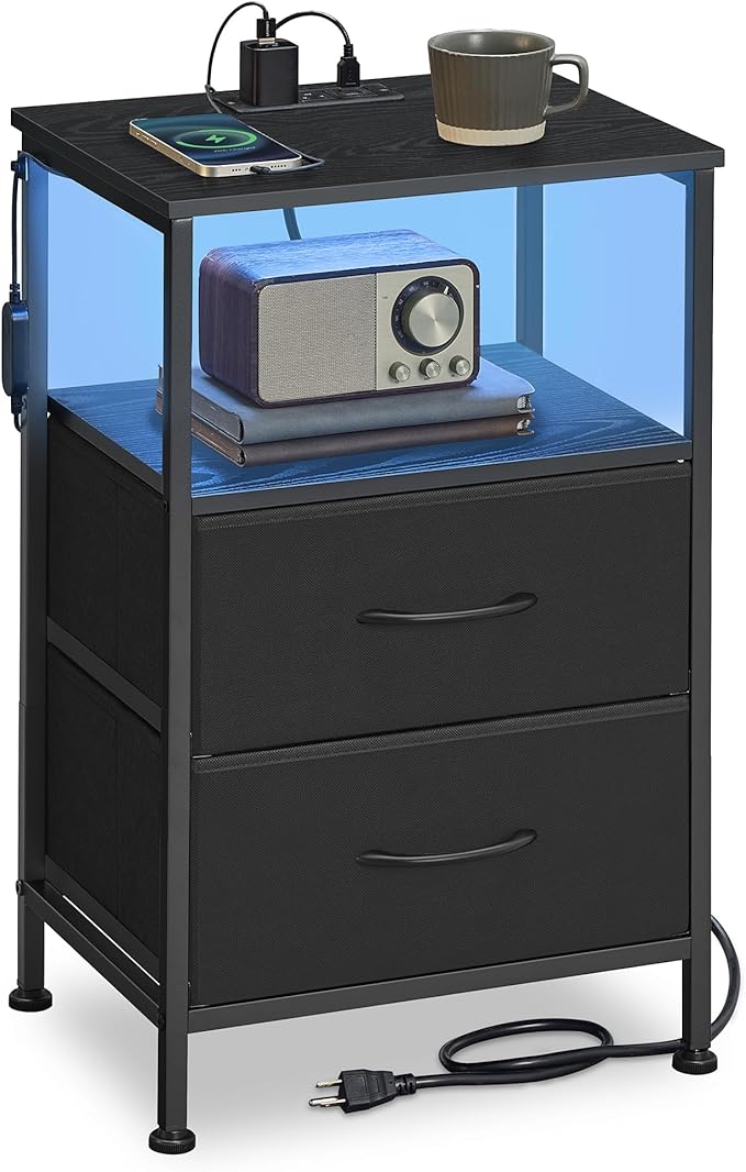 SONGMICS BELLAH Collection - Nightstand with Charging Station and App-Controlled Adjustable LED Lights, Bed Side Table, 2 Drawer and 1 Open Shelf, Bedroom, Ink Black and Ebony Black ULGS302BH01S