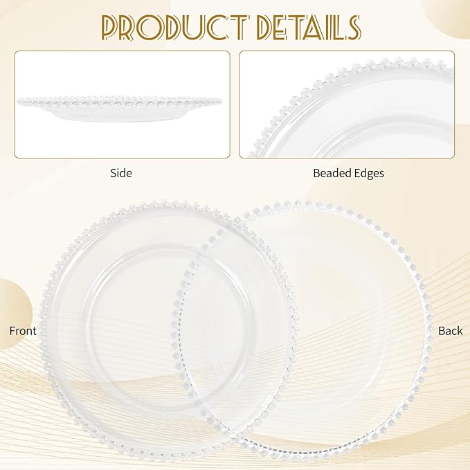24 PCS Clear Round Charger Plates with Beaded Rim, 13 Inch Plastic Acrylic Plate, Plastic Round Beaded Dinner Decorative Service Plates for Wedding Party Event, Home Kitchen Tabletop(Clear)