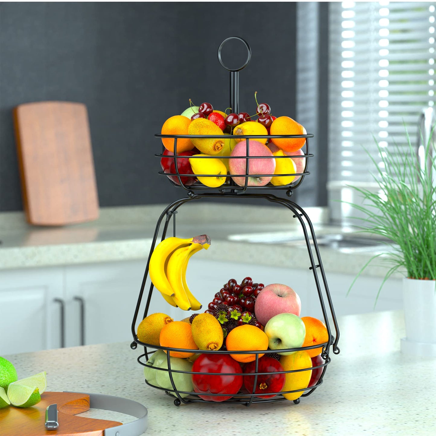 ASTLIHO House Warming Gifts New Home, Fruit Basket for Kitchen Counter, 2 Tier Countertop Fruit Bowl Vegetable Baskets with Banana Hanger, Storage Basket for Snack, Home Decor, Kitchen Appliances