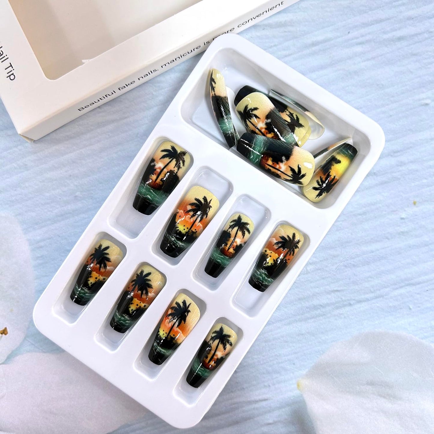 CJDLTS Coconut Tree Sunset Press on Nails Medium Ballet Shaped Waves Pattern Design Summer Beach Acrylic False Nail Full Cover Glossy Press Ons Stick on Nail DIY Glue on Nails for Women 24Pcs