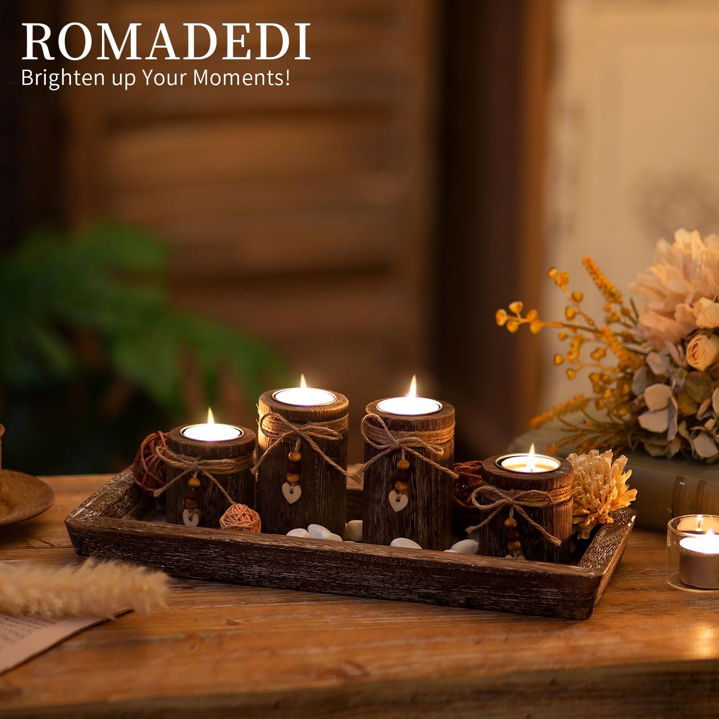 Farmhouse Coffee Table Decor Candle Holder - Romadedi Boho Wooden Tray with 4 Tealight Candles Holders for Tables Centerpiece Home Decorations Living Room Fireplace Kitchen