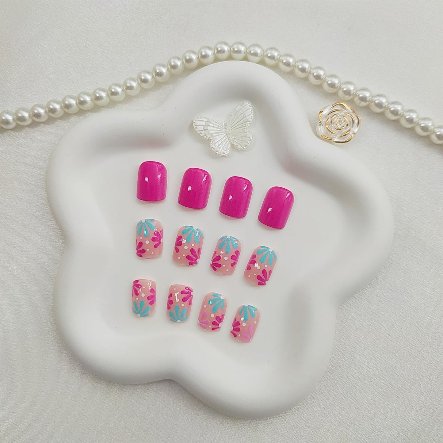 Press on Nails Short Square Fake Nails with Flower Designs Acrylic Nails Press ons Glossy Glue on Nails Spring Summer False Nails Pink Full Cover Artificial Stick on Nails for Women 24Pcs