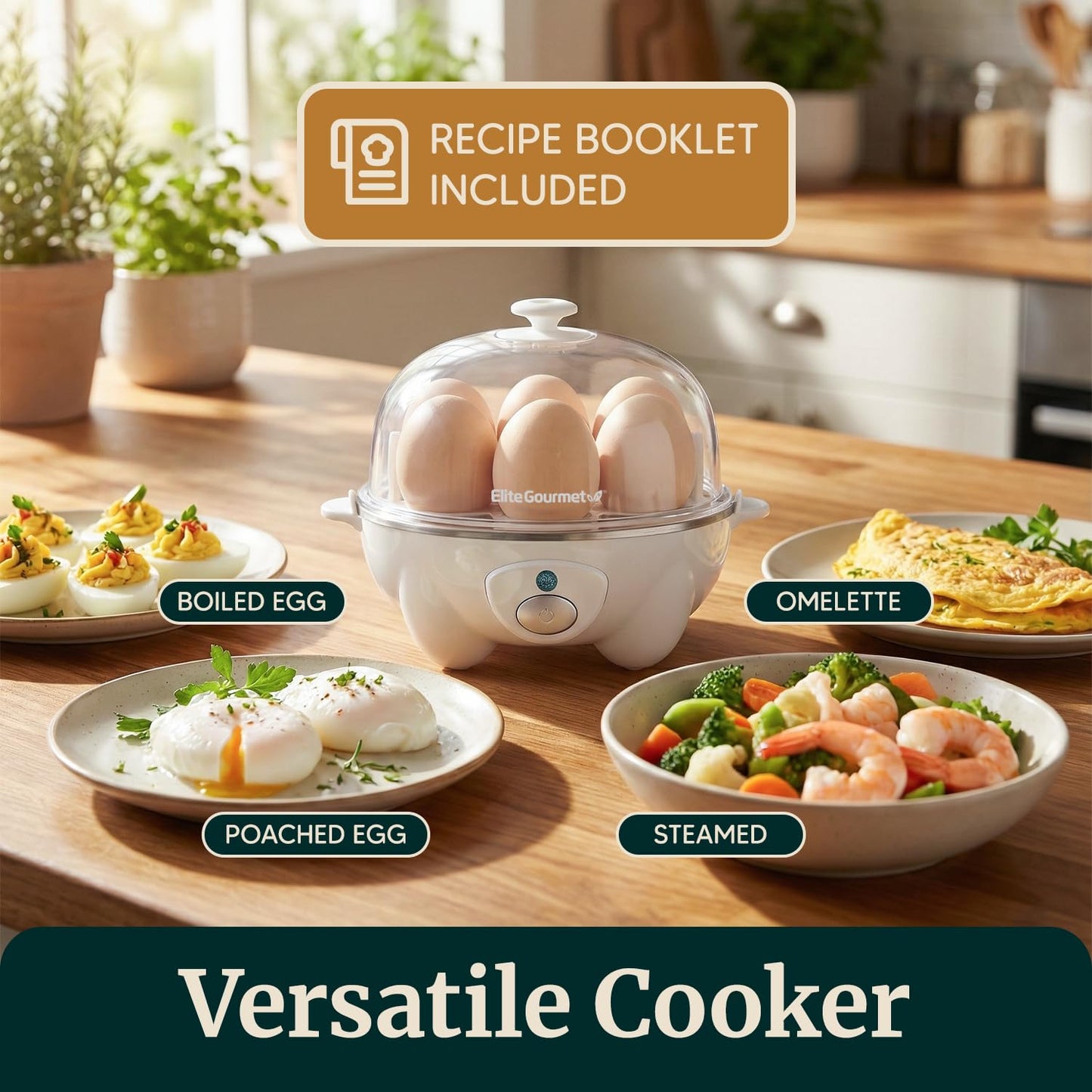 Elite Gourmet EGC-007## Rapid Egg Cooker, 7 Easy-To-Peel, Hard, Medium, Soft Boiled Eggs, Poacher, Omelet Maker, Auto Shut-Off, Alarm, 16-Recipe Booklet, White
