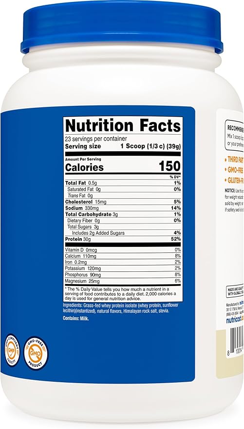 Nutricost Grass-Fed Whey Protein Isolate (Vanilla) 2LBS - Non-GMO, Gluten Free, Natural Flavors