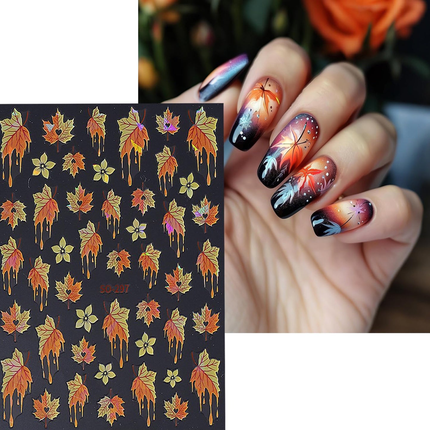 6 Sheets Thanksgiving Nail Art Stickers Fall Maple Leaf Nails Stickers 3D Self -Adhesive Flower Laser Maple Leaf Nail Decals Holographic Thanksgiving Decoration for Women Featival DIY Manicure
