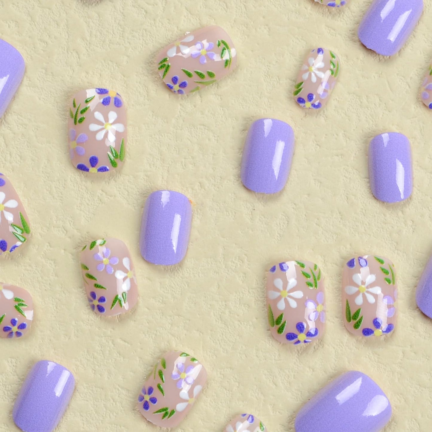 Purple Press on Nails Short Oval Fake Nails Glossy False Nails With Purple White Flowers Designs Full Cover Stick on Nails Reusable Floral Artificial Nails Glue on Nails for Women 24Pcs
