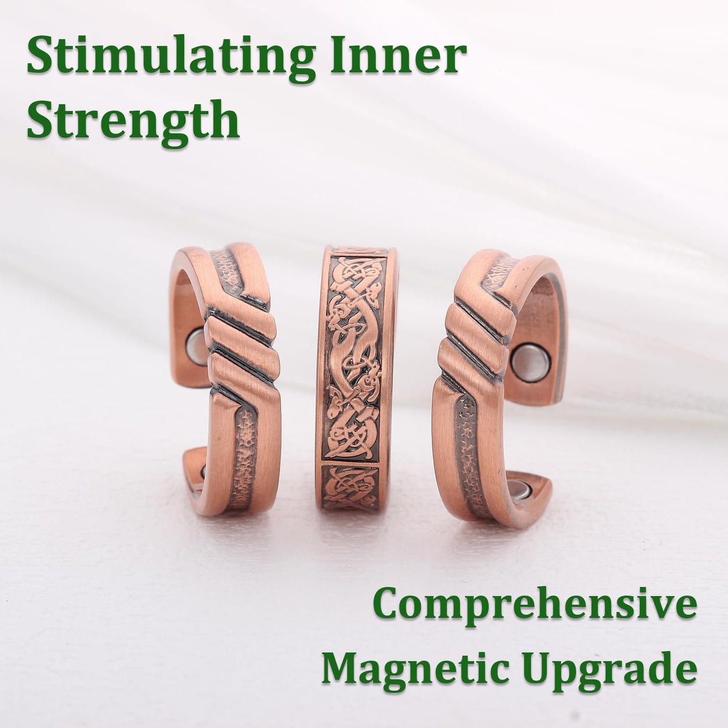 Fashtour 3 Copper Rings for Men, 99.9% Pure Copper Magnetic Rings, Vintage Pattern Adjustable Cuff Ring