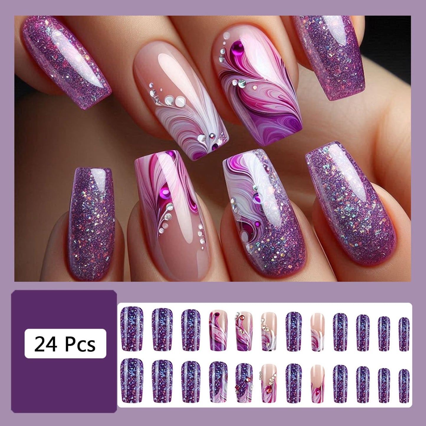 24Pcs Purple Press on Nails Medium Square Fake Nails with Rhinestone Designs Spring False Nails Purple Glitter Acrylic Nails Glossy Glue on Nails Full Cover Stick on Nails for Coquette Women