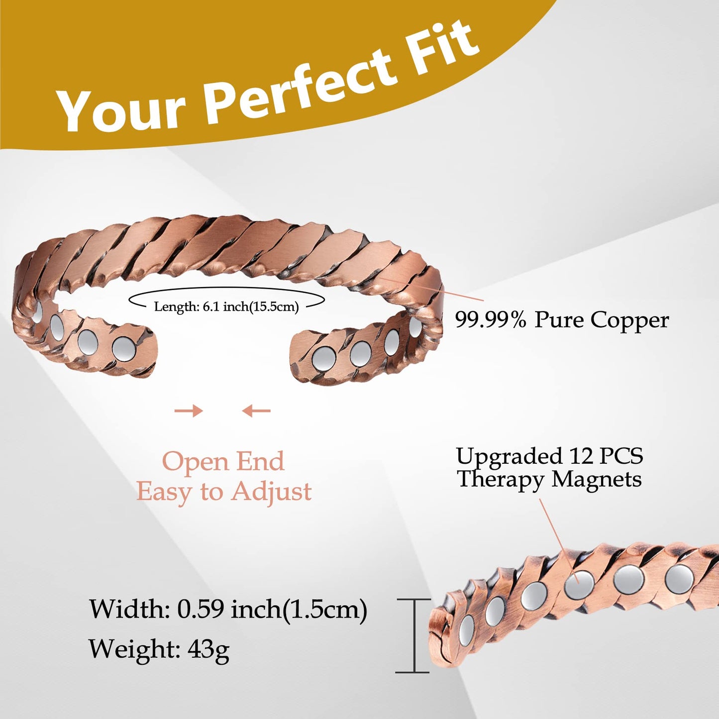 Feraco Copper Bracelets for Men, 12X Strength Pure Copper Magnetic Bracelet for Men with Neodymium Magnets, Adjustable Cuff Bangle (Woven)