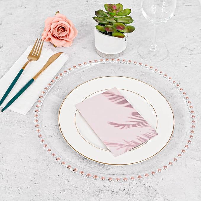 24 PCS Clear Round Charger Plates with Beaded Rim, 13 Inch Plastic Acrylic Plate, Plastic Round Beaded Dinner Decorative Service Plates for Wedding Party Event, Home Kitchen Tabletop(Pink)