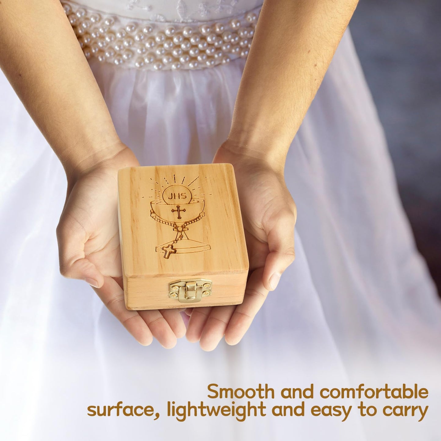 Menkxi First Communion Jewelry Box 2.8 x 3.2 x 1.4 Inch Wooden Religious Keepsake Boxes Catholic First Holy Communion Gifts for Beads Jewelry Keepsake Mementos