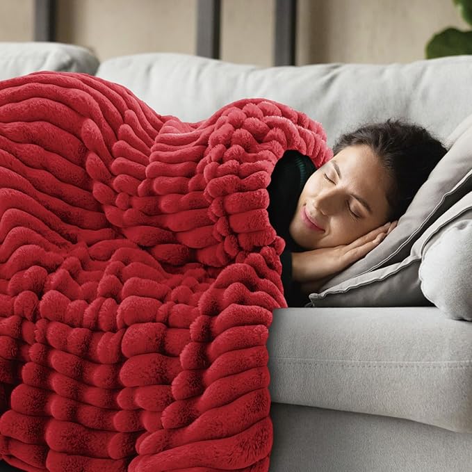 INFIIXSO Sherpa Throw Blanket for Couch - Super Soft & Warm Striped Fleece Blanket, Cozy Plush Fluffy Blanket All Season Use (Red, 60x80 Inches)