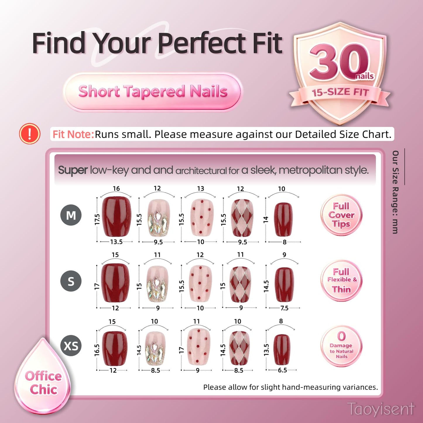 Red Nude Press On Nails with Argyle & Polka Dot Design, Glossy Wine Red Square False Nails, Elegant Short Medium Fake Nails for Women, 30PCS Set (The sizing runs small)