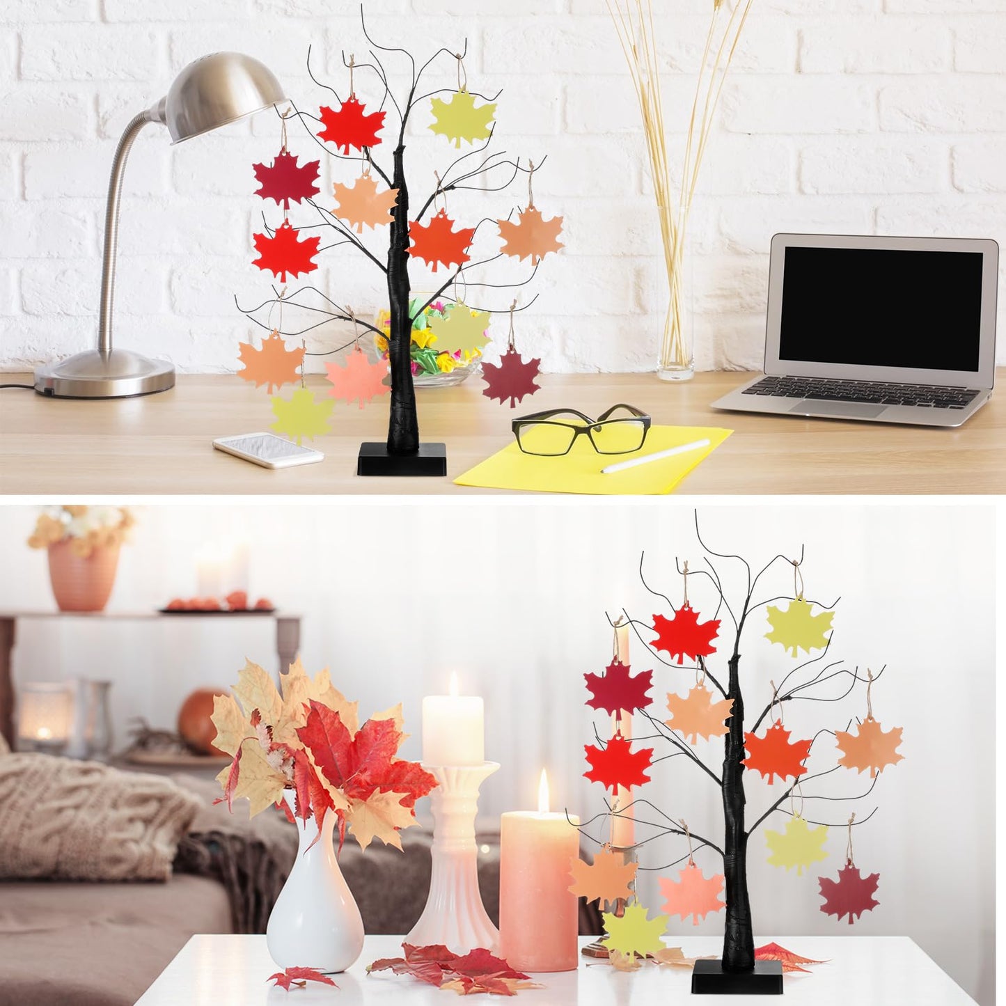 Briwooody 24” Thanksgiving Gratitude Tree with Leaves Kit Seasonal Holiday Decoration with Writing Pen Hemp Rope DIY Fall Decorations Craft Kit for Autumn Home Desktop Thanksgiving Decor(Maple Leaf)