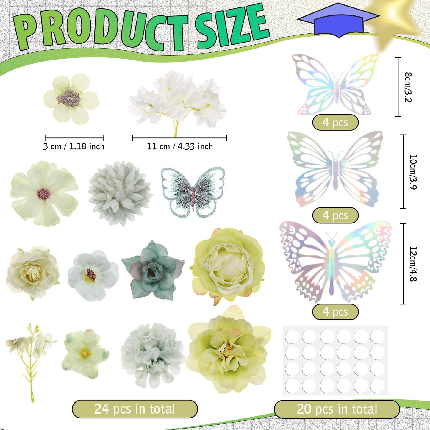 Wavwavw 36 Pcs DIY Graduation Cap Decorations Accessory Kit Include Faux Flower Heads and 3D Glitter Butterfly for Graduation Cap Decoration Home Decor Cake Wreath Craft Decor(Light Green)