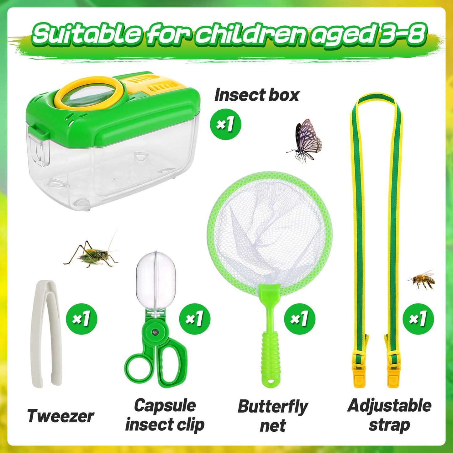 Biubee Bug Catcher for Kids- Sturdy Bugs Catching Kit with Collector Butterfly Net Tweezer, Bug Habitat Outdoor Explorer Kit Gift for Kids Age 3 4 5 6 7 8, 8Pcs, Green