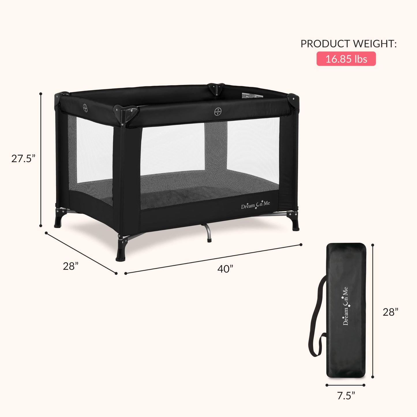 Dream On Me Nest Portable Playard in Black with Carrybag an Shoulder Strap, Lightweight, Packable and Easy Setup Baby Playard, Breathable Mesh Sides and Soft Fabric - Comes with a Removable Padded Mat