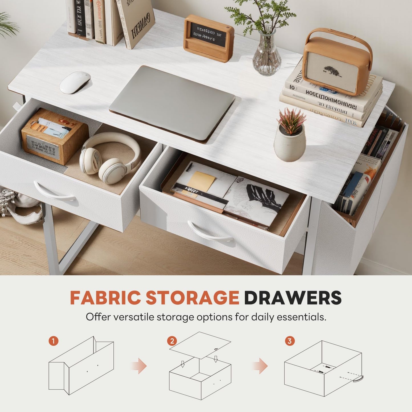 DUMOS 32" Home Office Computer Desk with Drawers, Small Gaming Writing Study Table with Storage Side Bag, Headphone Hook and Adjustable Feet for Bedroom White