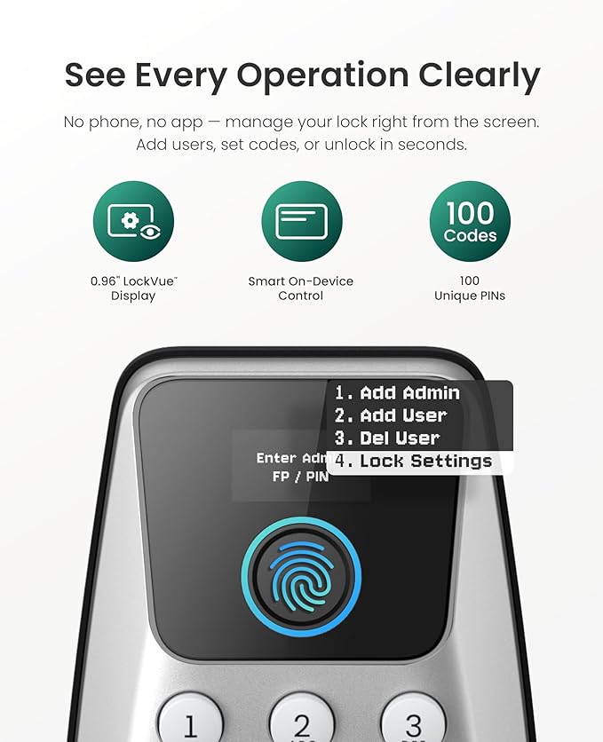 DESLOC C110 Smart Lock with LockVue Display, 3-in-1 Keyless Entry Door Lock with Fingerprint, Passcode & Key, BHMA Certified Deadbolt, Auto Lock, 12-Month Battery for Home, Apartment & Airbnb, Silver