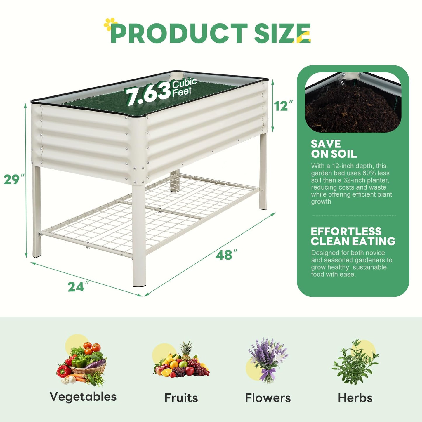 STBoo Elevated Raised Garden Bed with Legs - 48''x24''x32'' Galvanized Metal Standing Planter Boxes Outdoor with Bottom Storage Shelf for Backyard, Patio, Balcony, Vegetables, Flowers, White