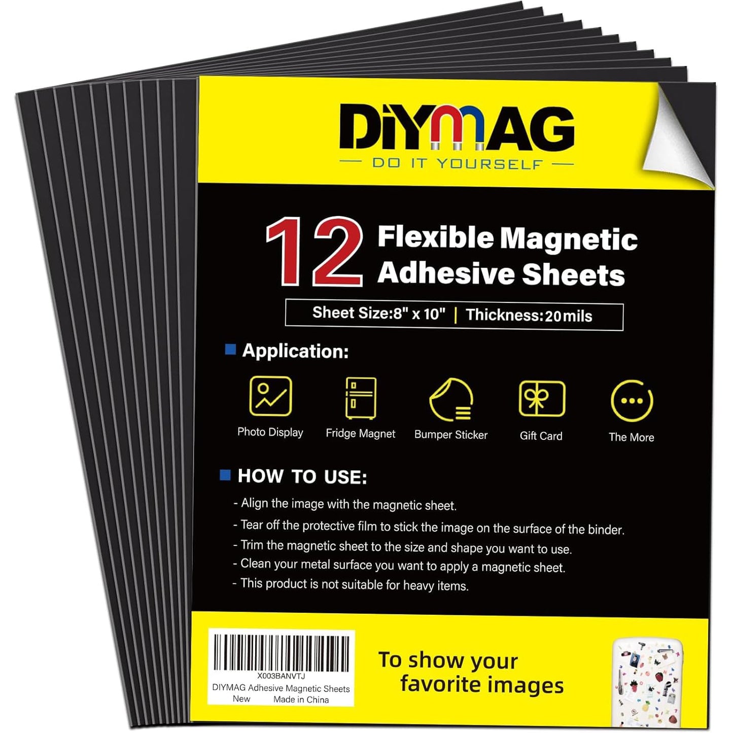 DIYMAG Magnetic Adhesive Sheets Photo Mat, 8" x 10" 12 Pack Flexible Magnets with Adhesive Backing for Crafts, Photos and Pattern Storage, Easy to Peel and Stick