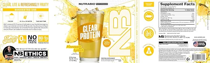 NutraBio Clear Whey Isolate Protein Powder, Delicious & Refreshing Fruit Flavors, Protein Juice, No Milky Taste, No Foam, Zero Sugar, Pineapple Splash, 20 Servings