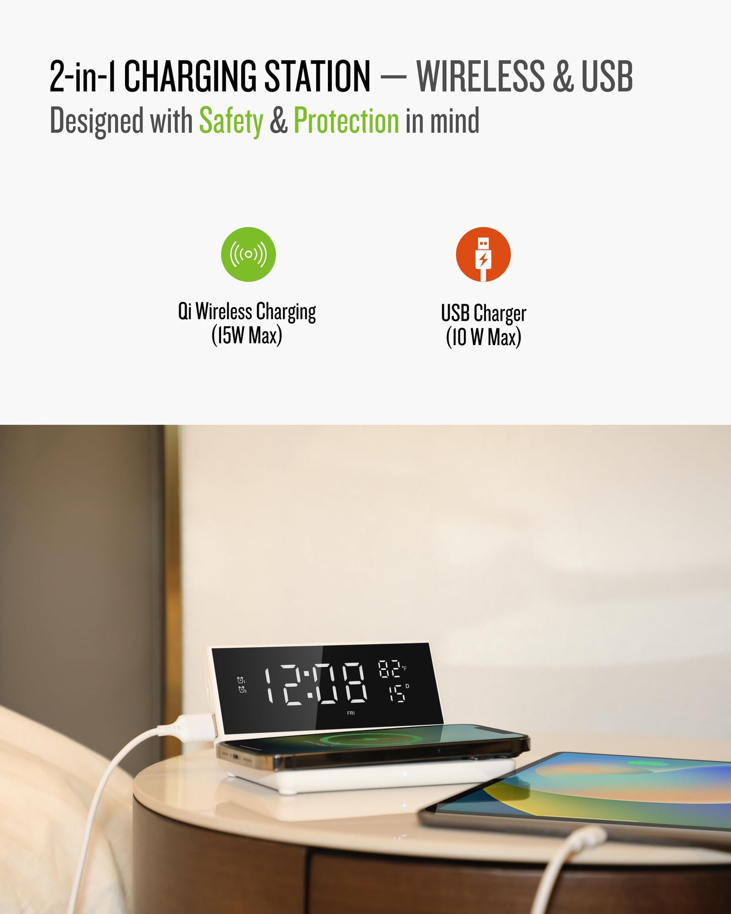 Soundfreaq Charge Rise II, SFQ-20: Digital Alarm Clock, with Dual Alarms, Fast USB Charger and Wireless Charger
