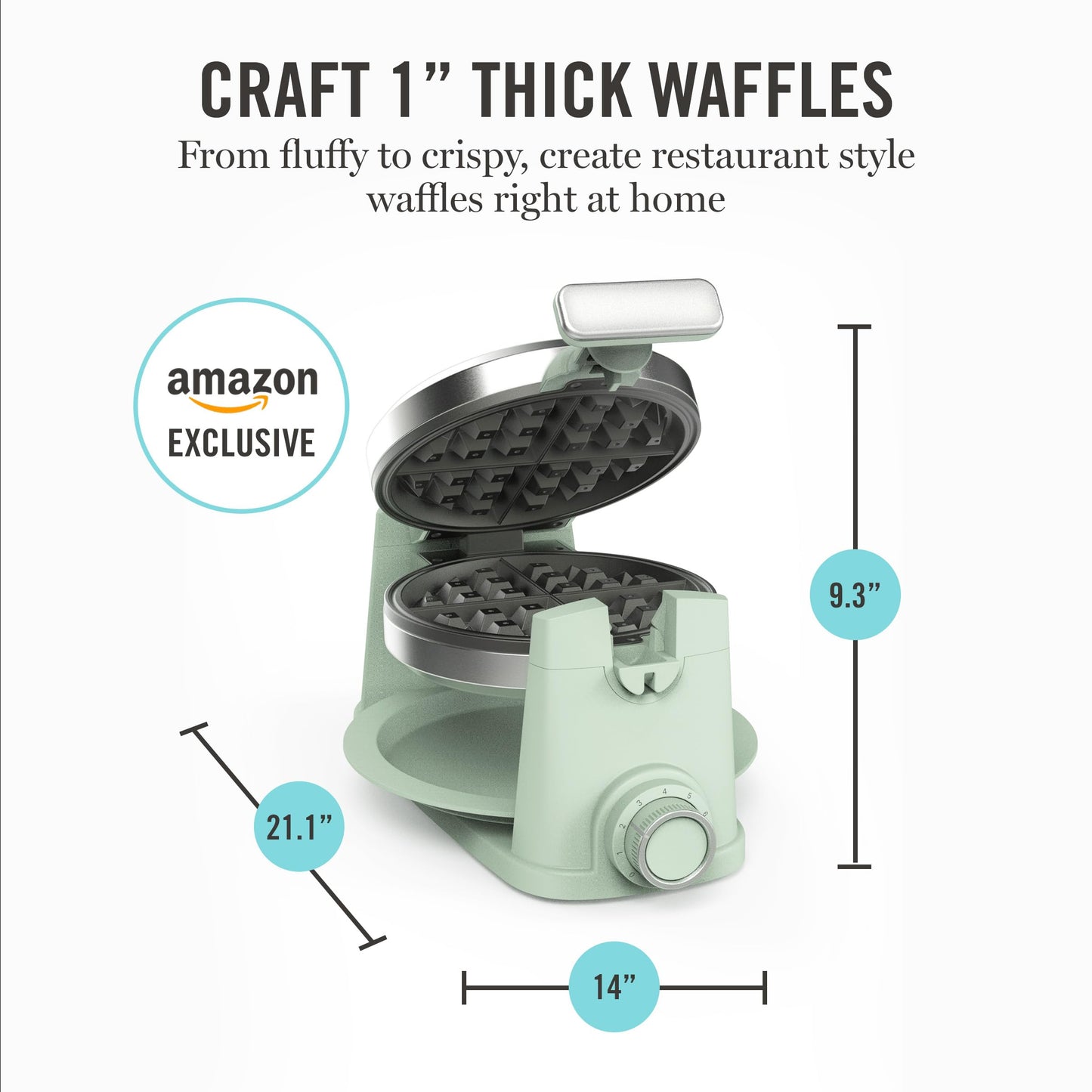 Martha Stewart Rotating Waffle Maker, 180° Flip Iron with PFAS-Free Nonstick Plates, Adjustable Timer, Ready Light, Drip Tray, Space Saving, Classic Round 7”, Easy to Clean, Stainless Steel, Honeydew