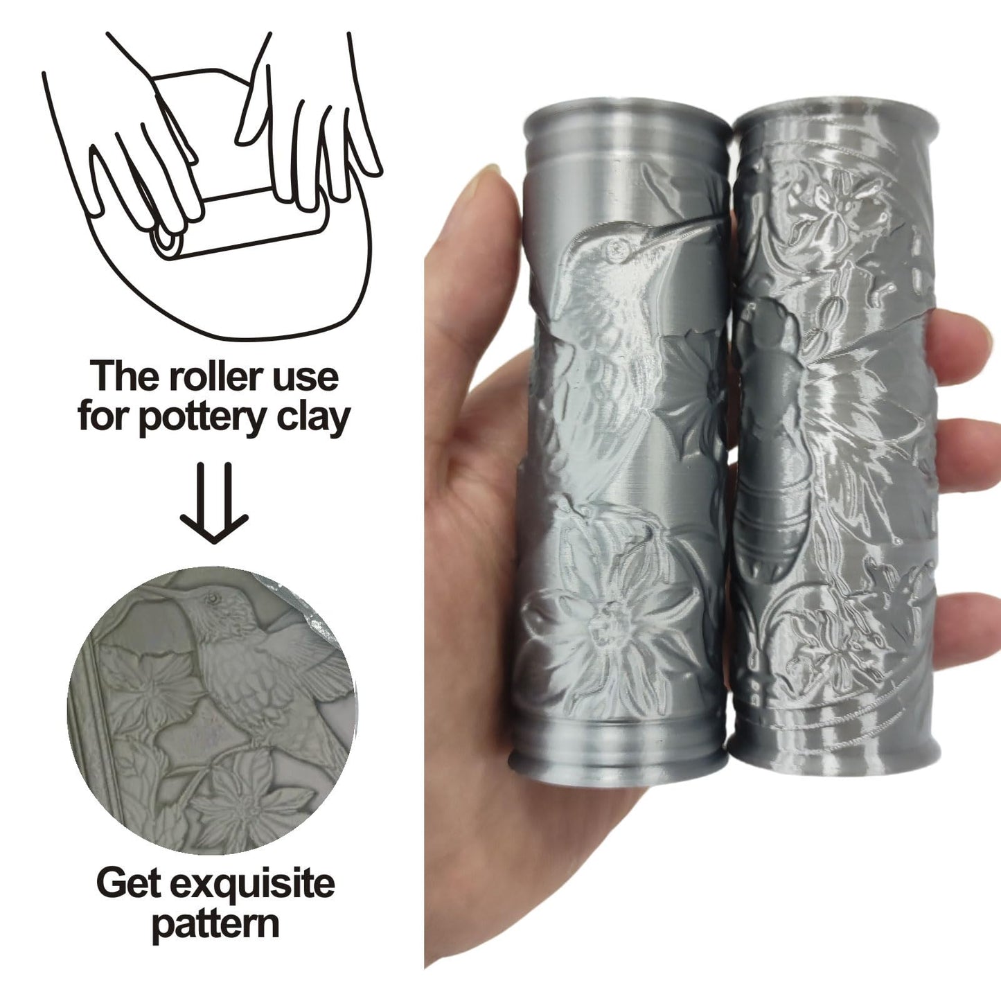 Hikiwin Pottery Clay Animal Texture Roller,Polymer Molding Art Hand Rollers Tools,Embossing Pattern Rolling Pins for DIY Crafts Making,4.1 Inches,Hummingbird and Bee,2 Piece