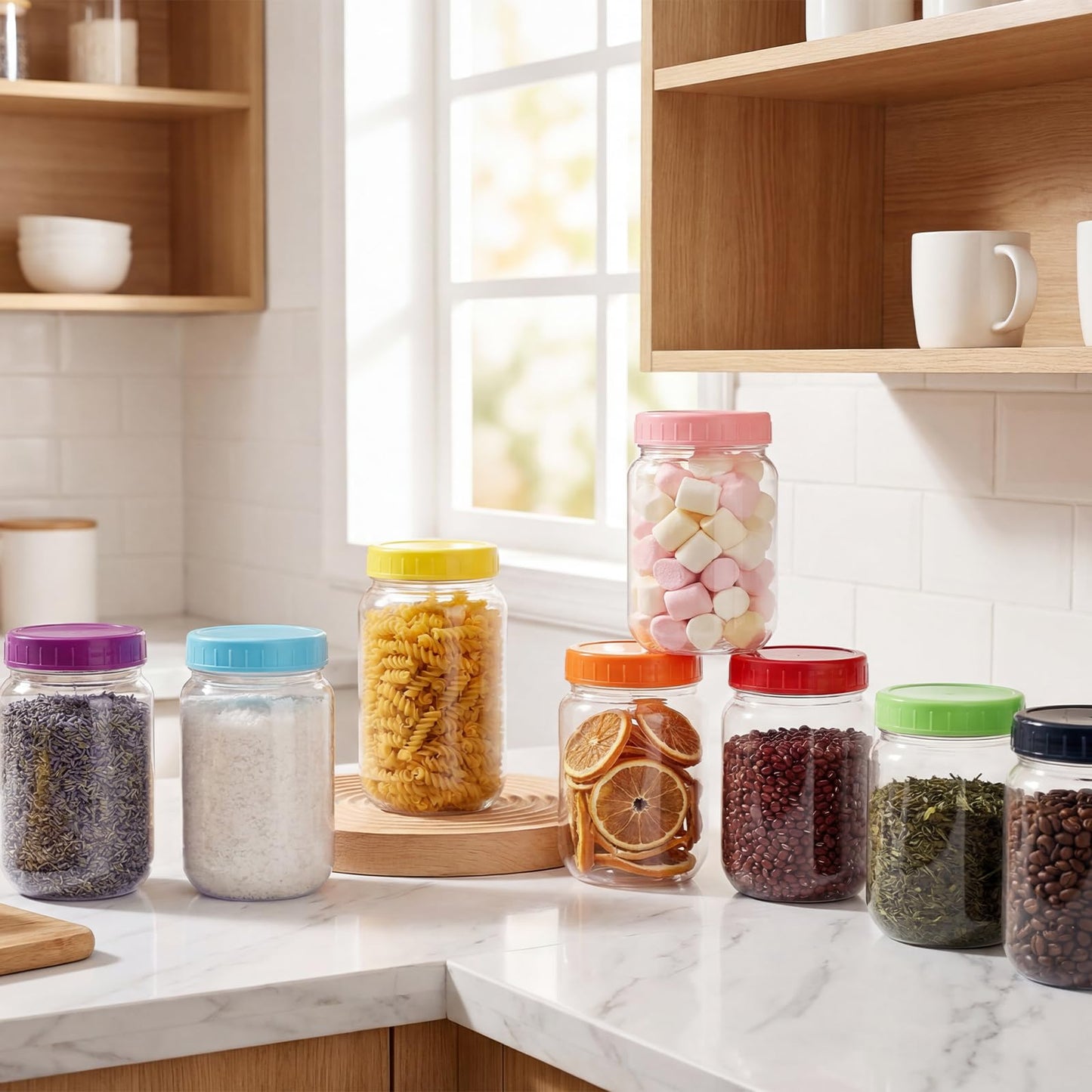 novelinks 16 oz Plastic Mason Jars with Colorful Lids, Leakproof 16oz Clear Plastic Jars with Lids, Reusable Storage Containers for Household Use (16 Pack)