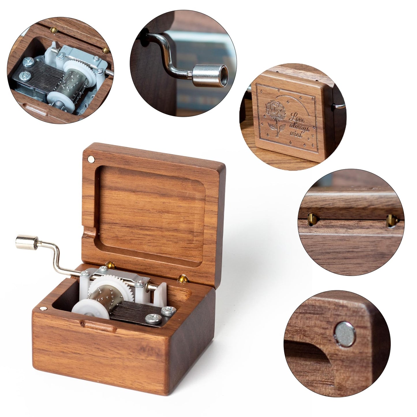 DANVON Hand Crank Solid Wood Music Box,Antique Engraved Musical Boxes Case Christmas Birthday Valentine's Day for Lover, Boyfriend, Girlfriend, Husband, Wife(Walnut Wood-Rose)