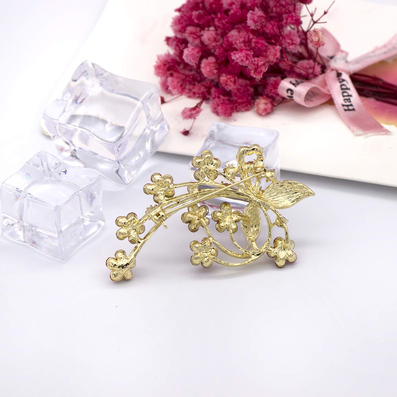 YOQUCOL Red Garnet Ruby Colour Cubic Zirconia Crystal Poppy Flower Shape Brooch Pins for Woman
