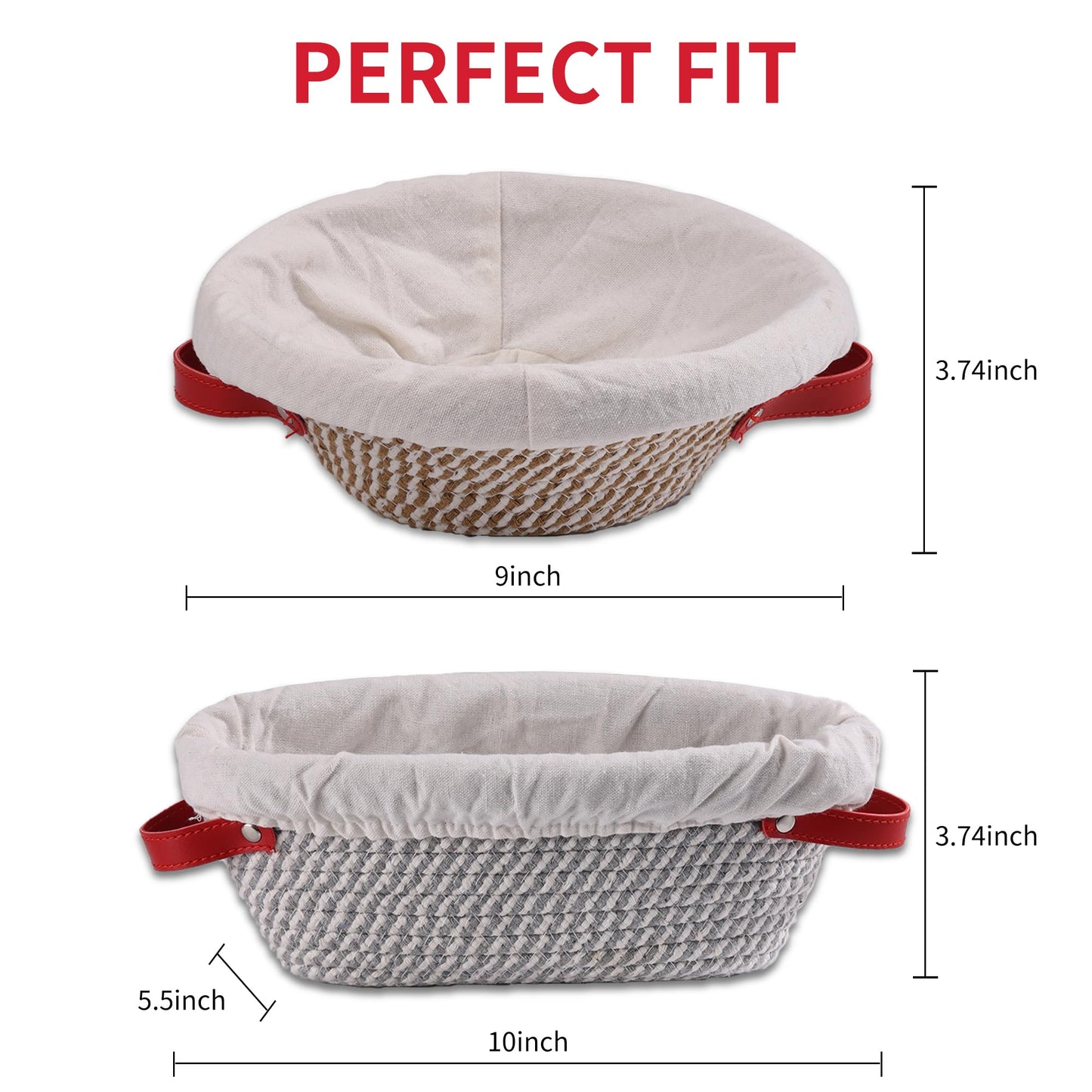 Banneton Bread Proofing Basket - Oval & Round Sourdough Bread Baskets Set - With Liner & Cloth Cover - For Bread Storage (Grey & Khaki Set) - Cotton Rope - Mother's Gifts