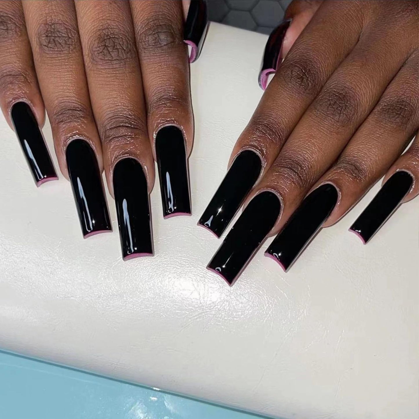 MISUD Press on Nails - Long Square Glue on Nails with Goth Black, Acrylic Gothic Design 24 pcs