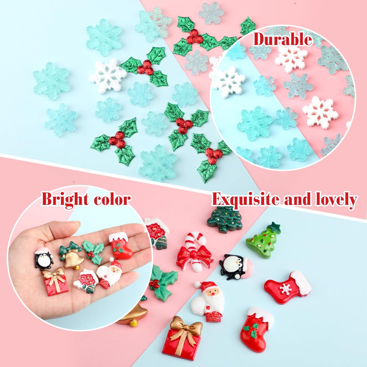 Huwena 200 Pcs Christmas Resin Flatback Charms Mini Triple Leaf Holly Berries Embellishments Small Snowflake Decorations Tiny Resin Miniatures for Xmas Tree DIY Craft Scrapbook Supplies